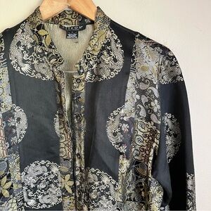 Citron Black and Gold Patterned Blouse snap button cardigan long sleeve top